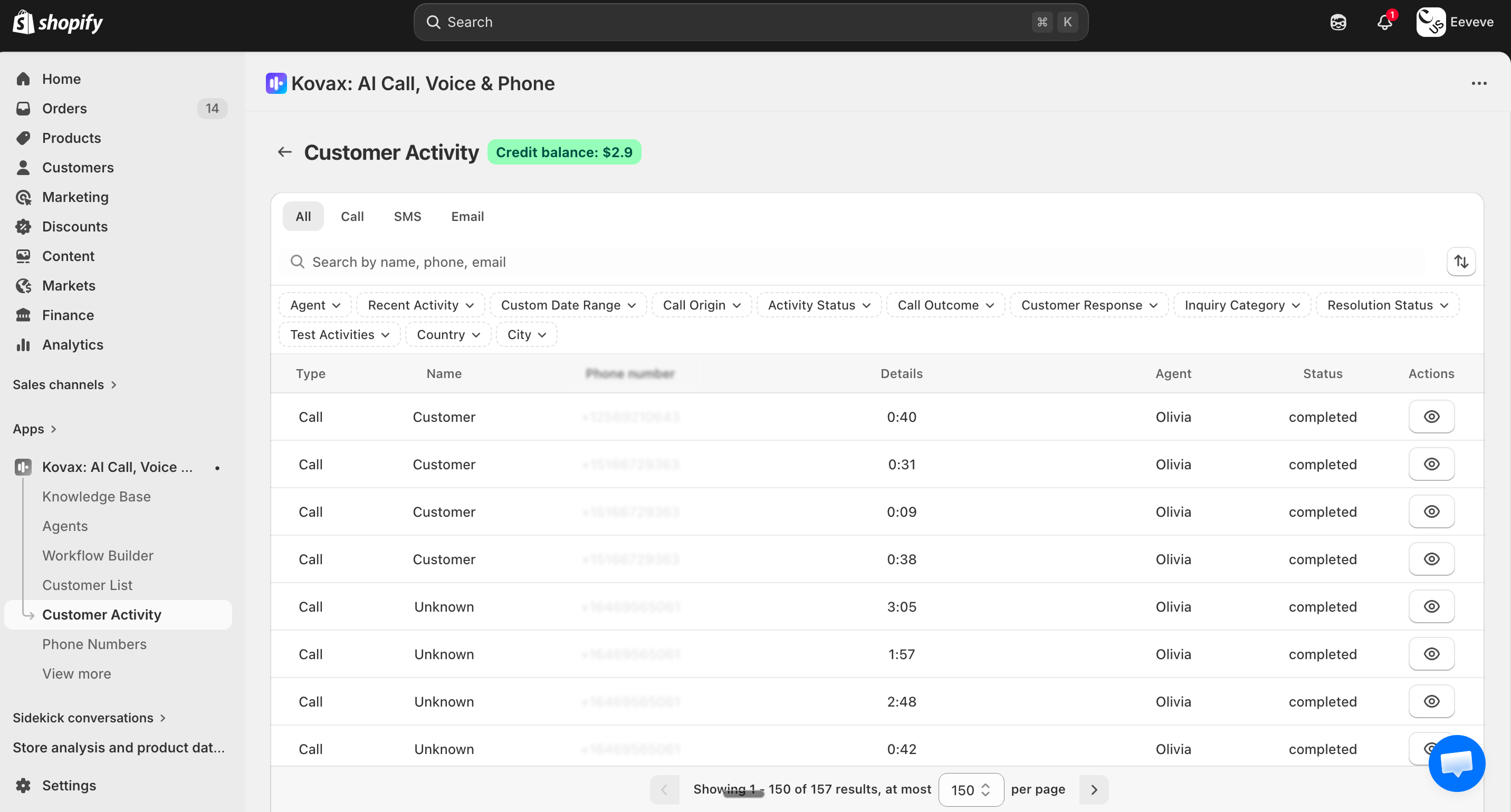 Eeveve's Kovax dashboard showing 157 customer calls handled autonomously by the AI agent Olivia, all with completed status