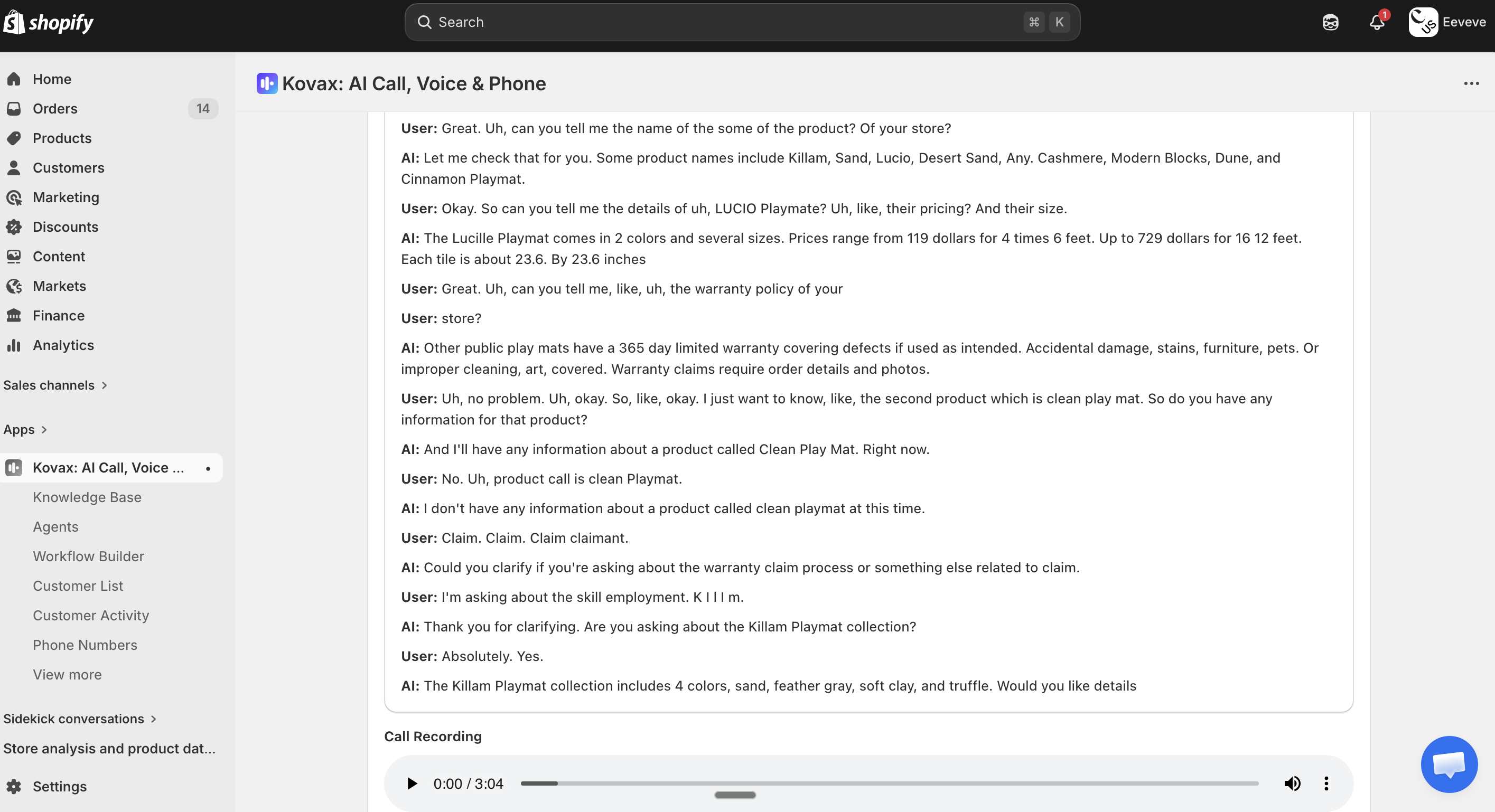 Transcript of a real customer call handled by Kovax AI agent for Eeveve, showing product questions about play mat colors, pricing, sizes, and warranty